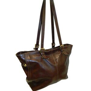 Anna Paola Italy Leather Brown Tote Handbag Zipper Compartments Shoulder Straps